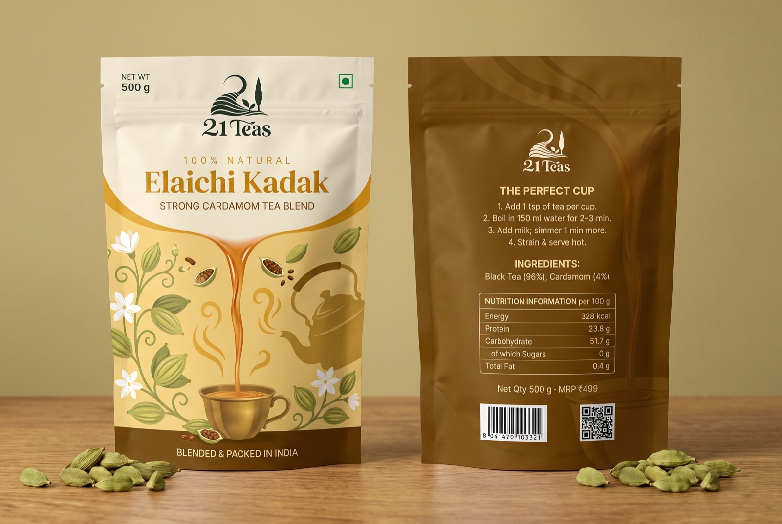 21 Teas packs photographed with fresh spices